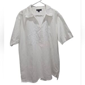 J. Klass Womans V Neck 100% Linen Embroidered White Tunic, XL